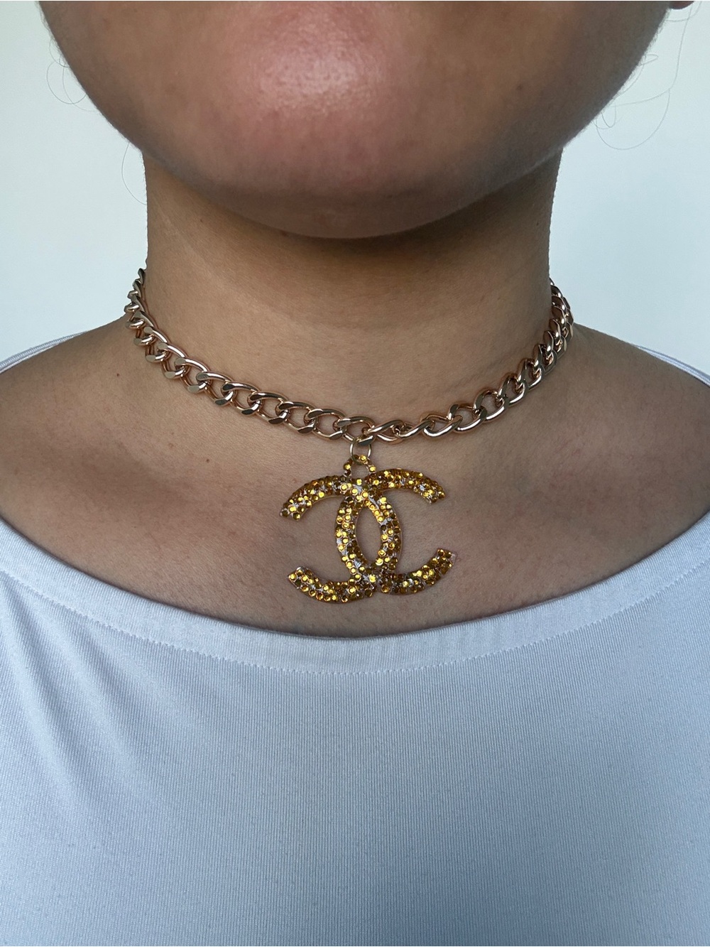 Gold Crystal Interlocking CC Pendant Choker Necklace